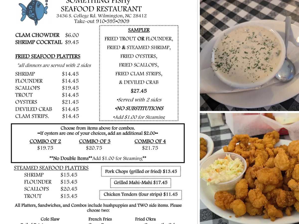 Clam chowder and fried shrimp served together.