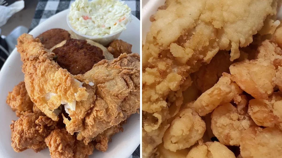 Fried seafood platters on a casual table.