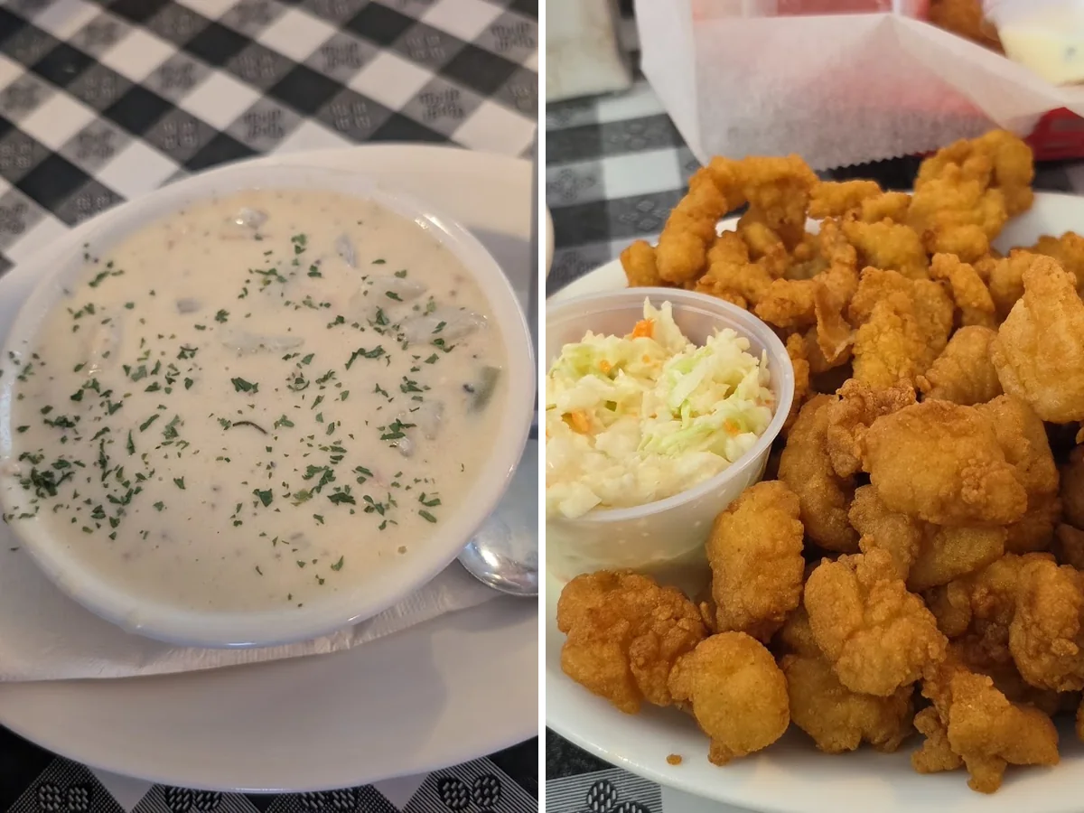 A down-home seafood shack with simple seating.