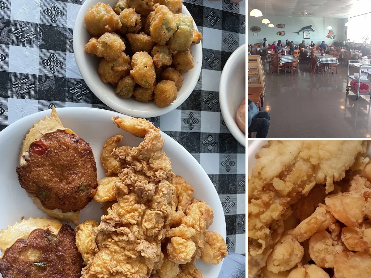 Fried seafood platters on a casual table.