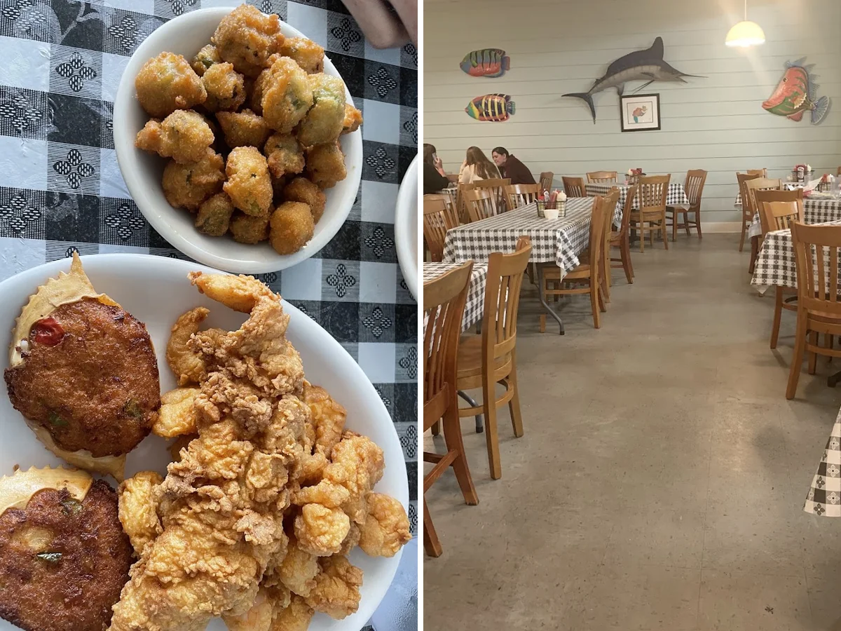 A down-home seafood shack with simple seating.